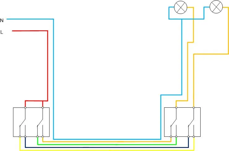 Как подключить двухклавишный проходной выключатель — схема